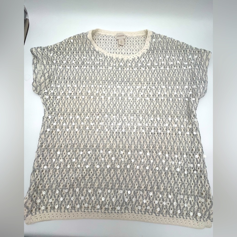 Chicos Womens short sleeve Sweater Sequin Silver Crochet net metallic knit Large